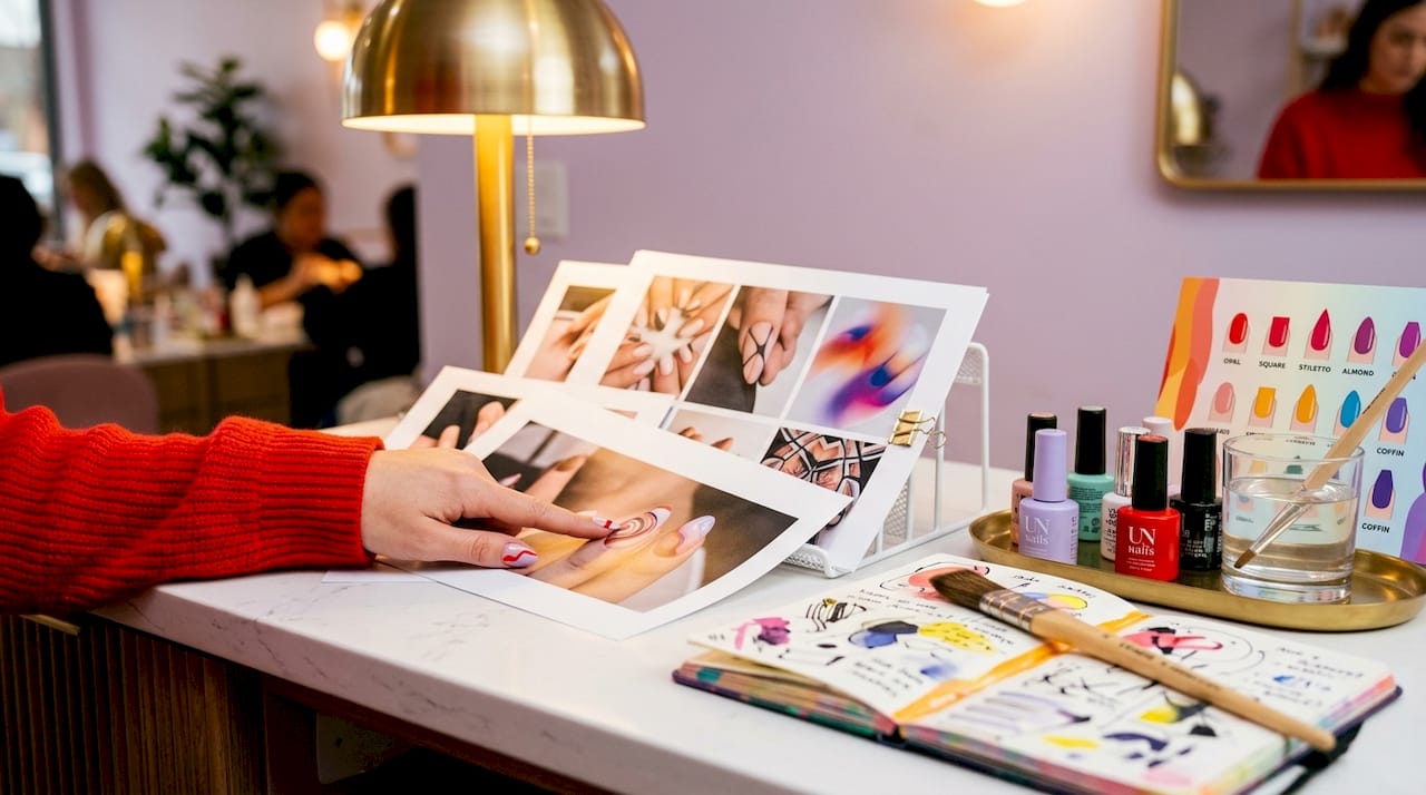 High-resolution nail art reference photos on table