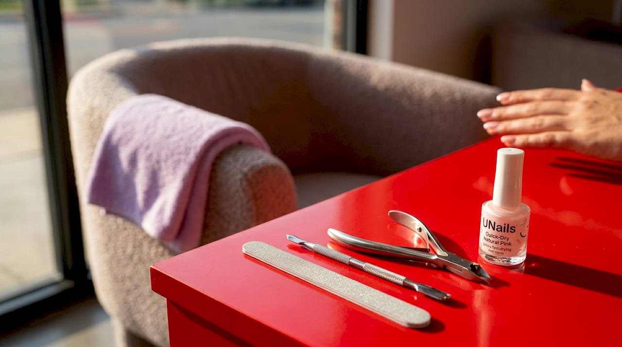 Manicure tools arranged on salon countertop
