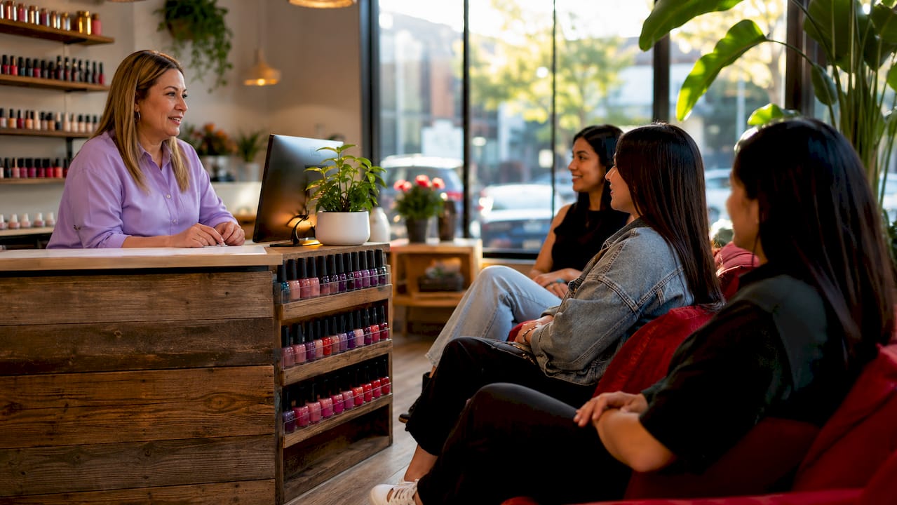 Receptionist managing walk-in clients at nail salon desk