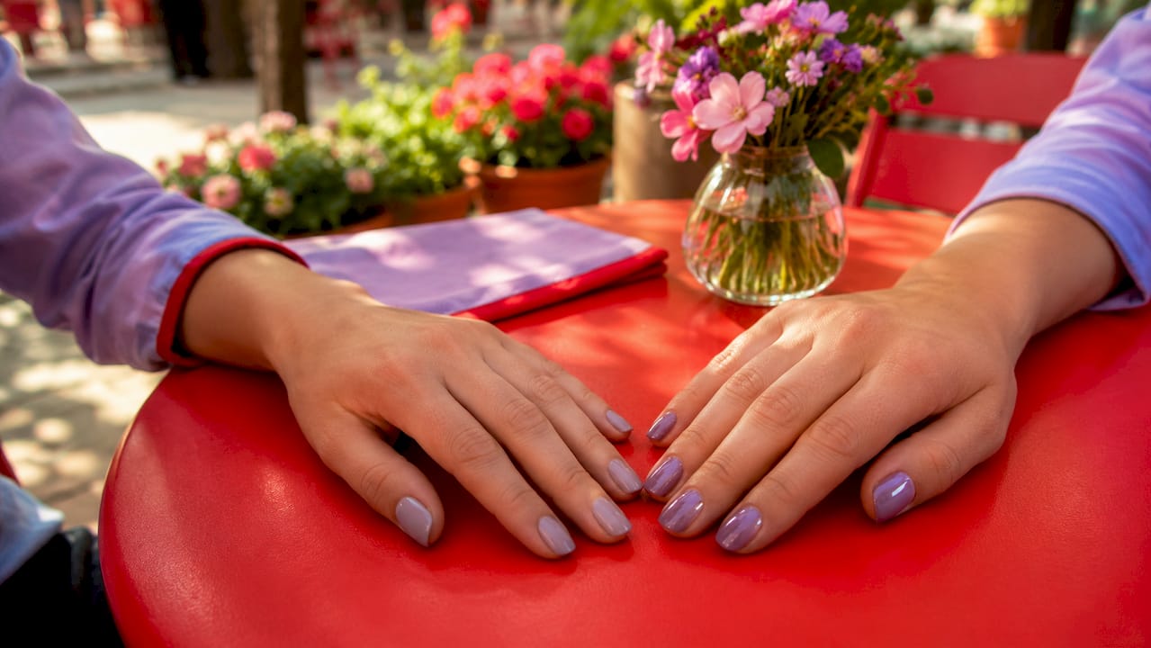 Close-up of hands showing Shellac and gel manicures
