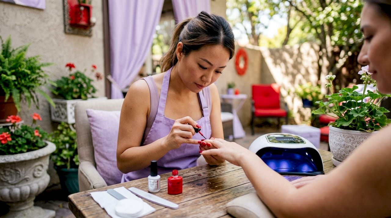 Manicurist applying Shellac polish in bright salon