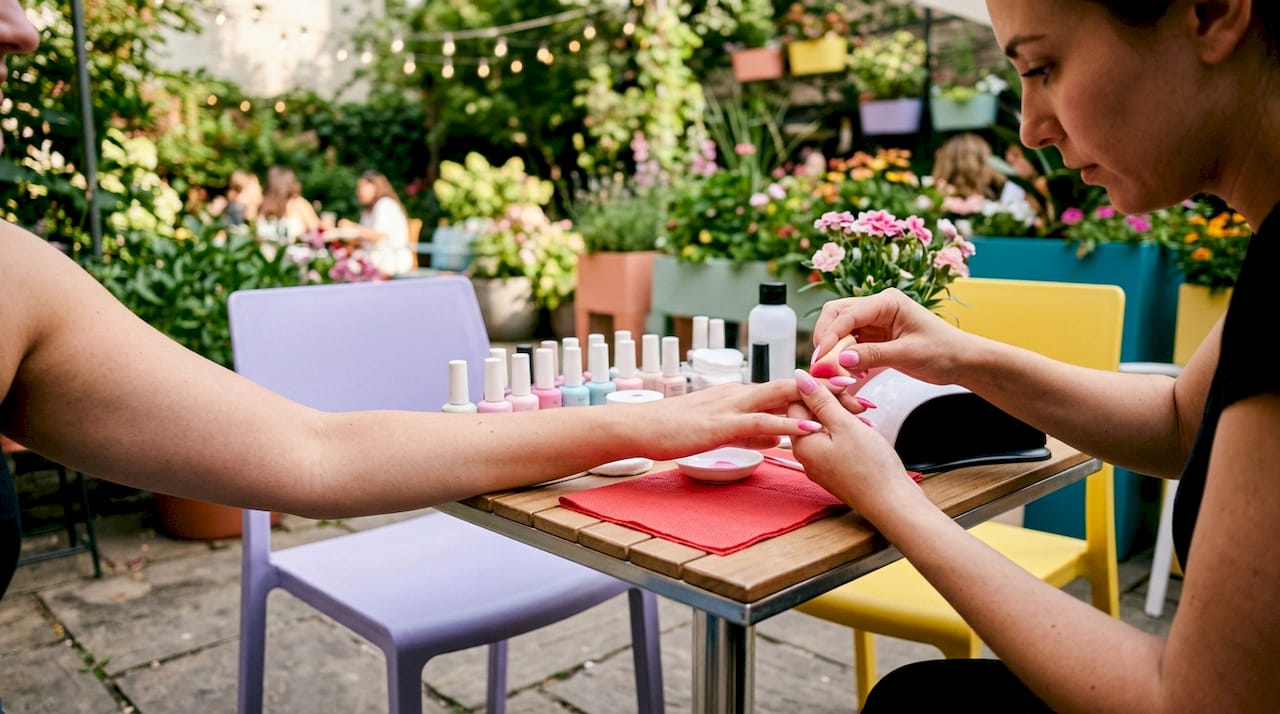 Nail artist blending pink to white ombre nails