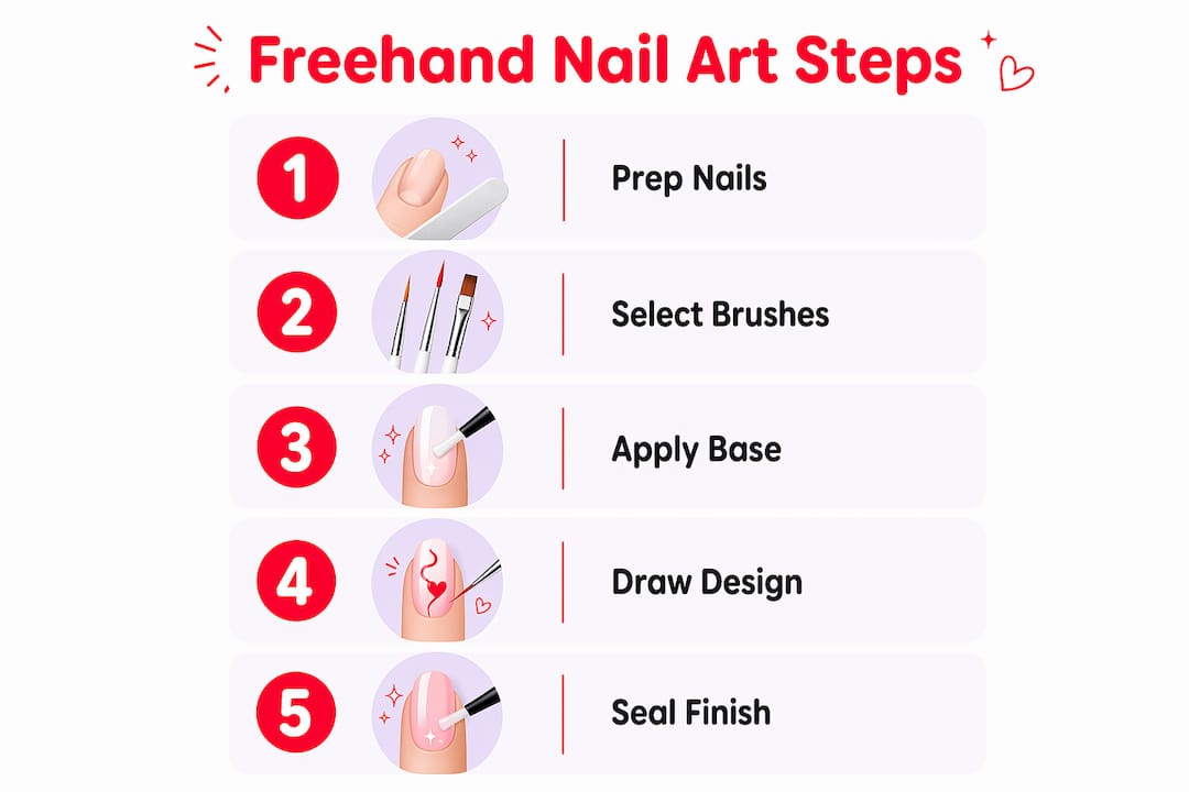 Infographic showing step-by-step freehand nail art process