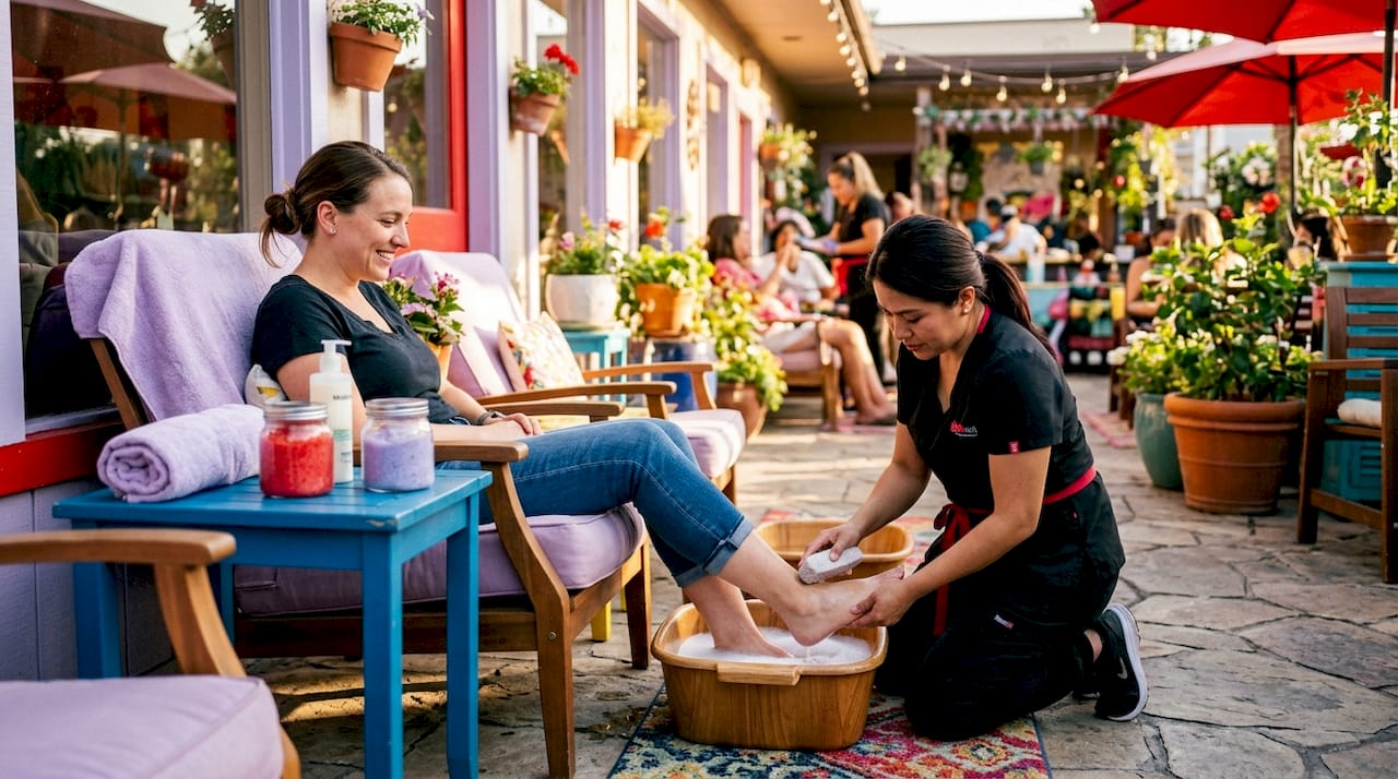 Technician removing calluses during pedicure foot soak