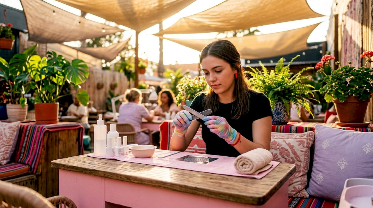 Nail technician preparing sterile nail file at table