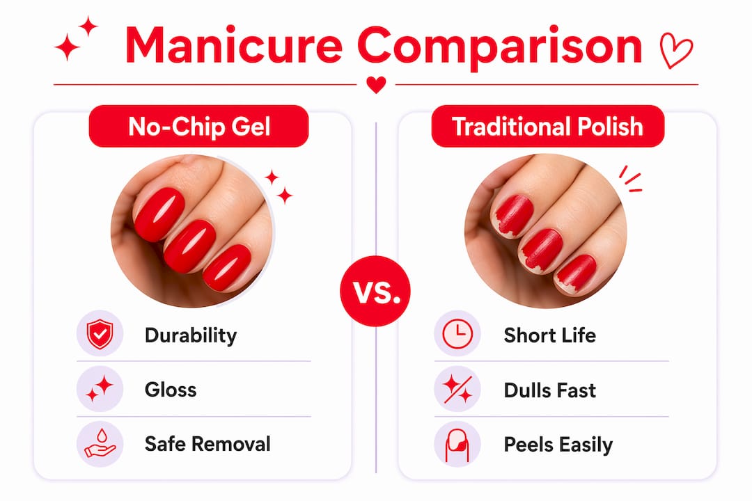 Infographic comparing no-chip gel manicure with traditional polish