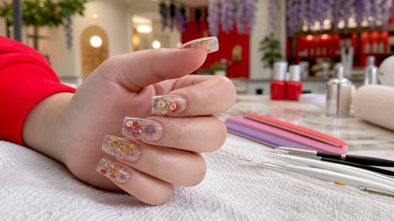 Hand displaying finished encapsulated nail designs