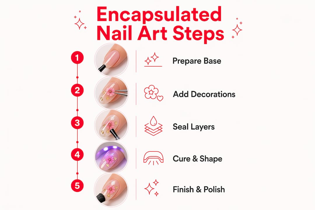 Infographic showing encapsulated nail art application steps