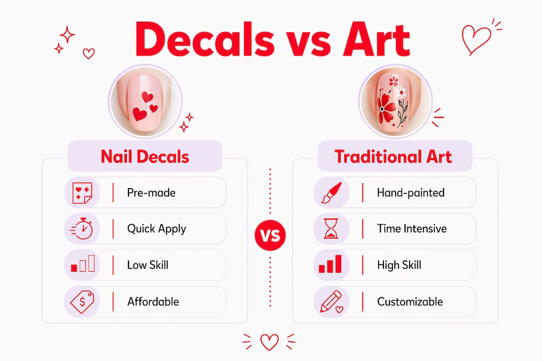 Infographic comparing nail decals and traditional nail art