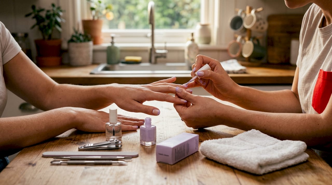 Hands receiving modern French manicure with lavender detail