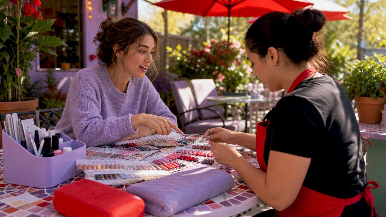 Client consulting nail technician in salon