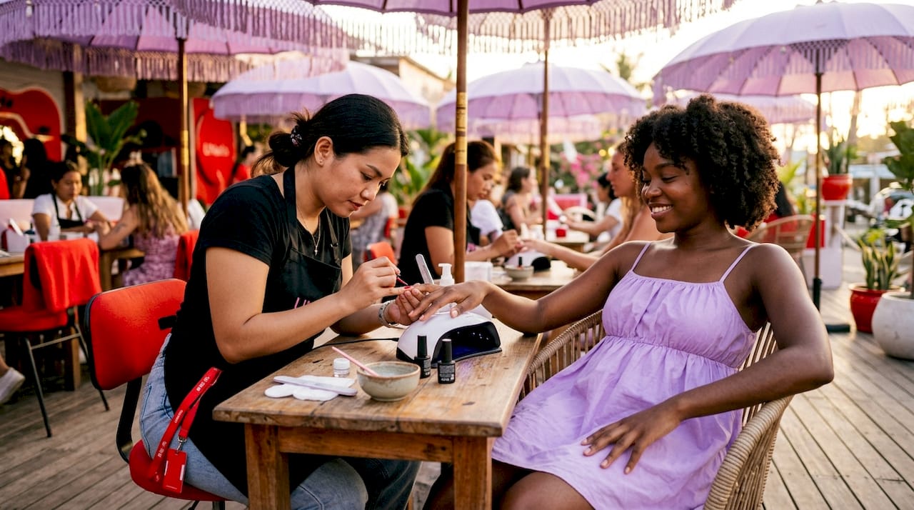 Woman receiving professional gel manicure in salon