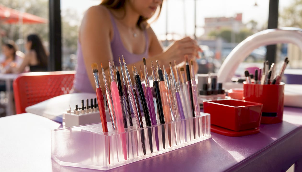 Close-up of diverse nail art brush bristles