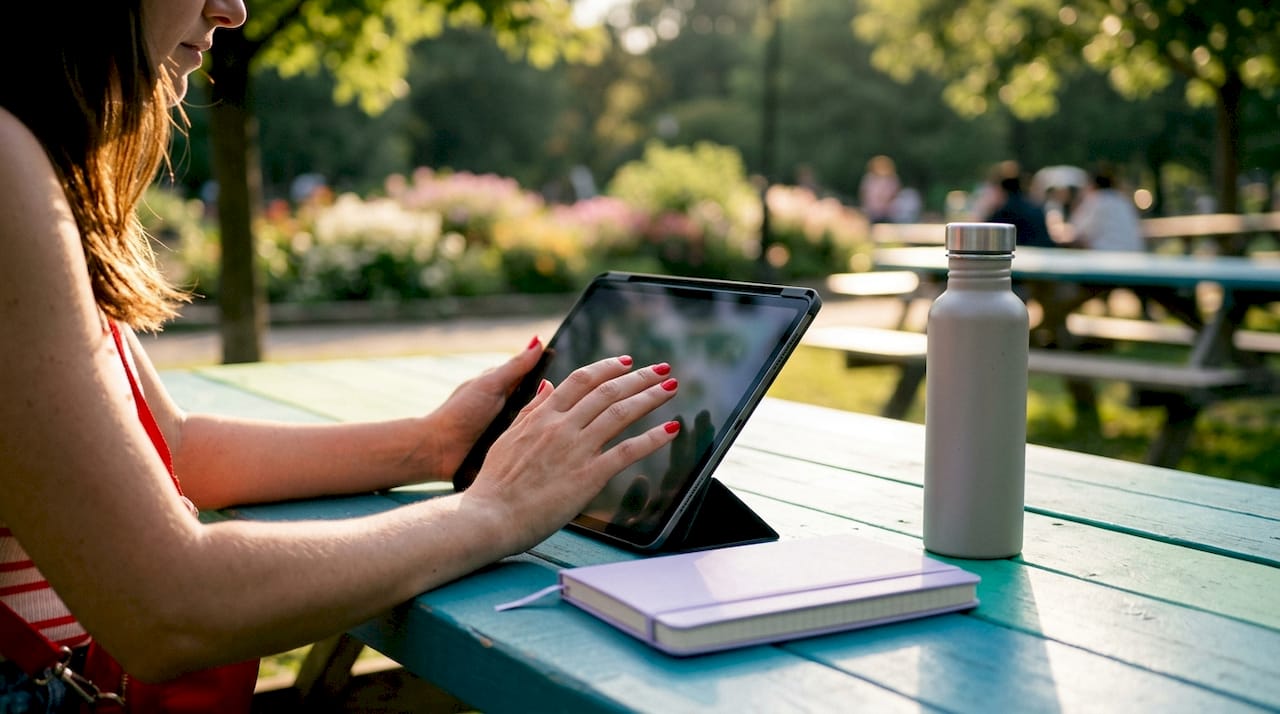 Hands using tablet for nail booking