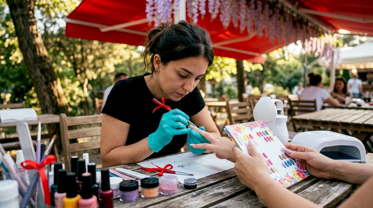 Nail artist shaping textured gel nails in salon