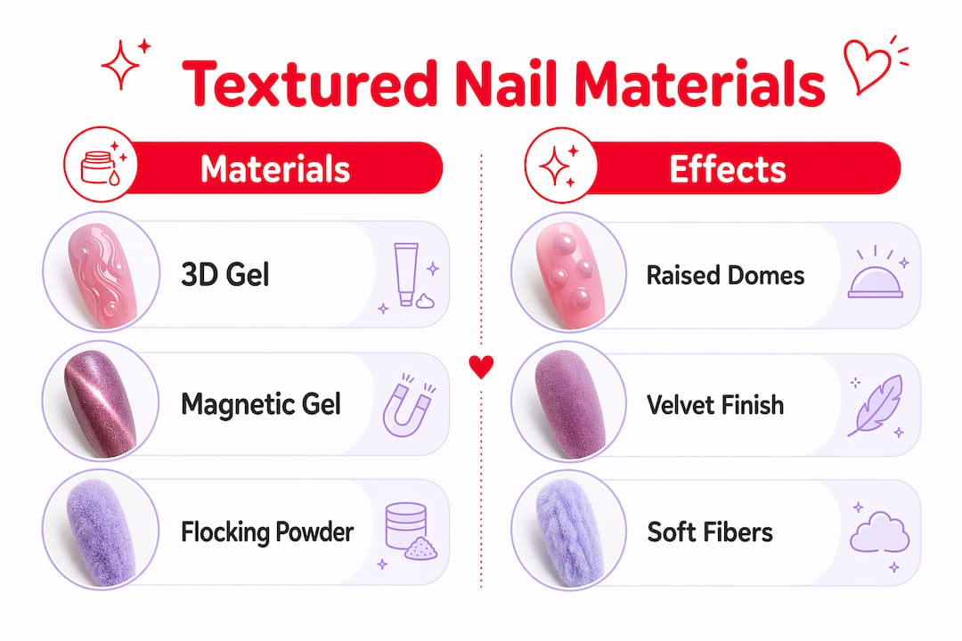 Infographic comparing textured nail materials and effects
