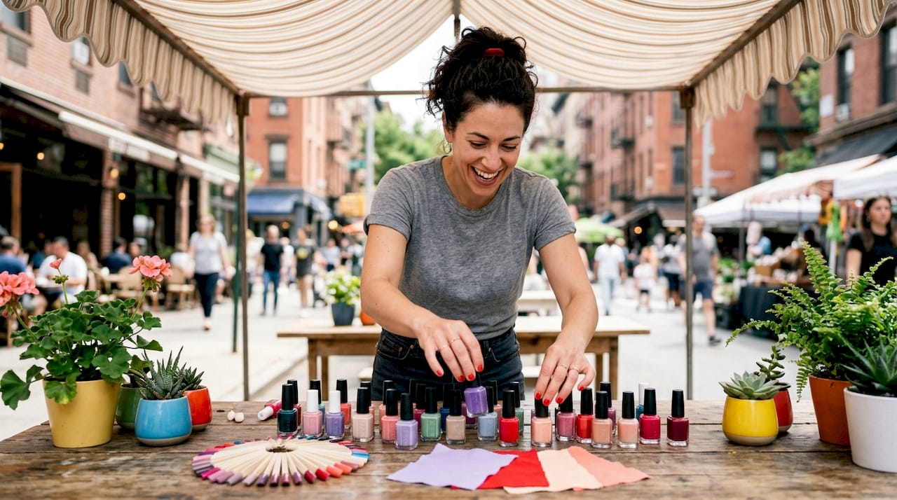 Nail artist choosing colors at home studio