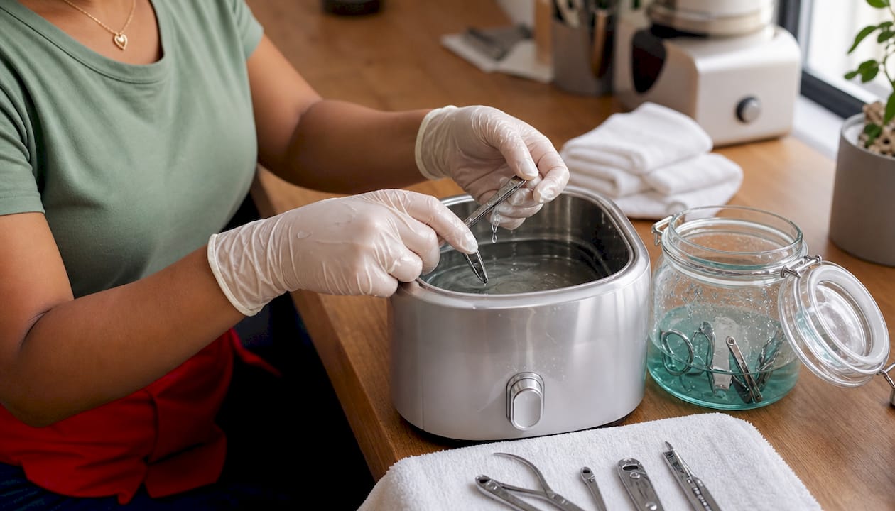 Technician sanitizing manicure tools in salon