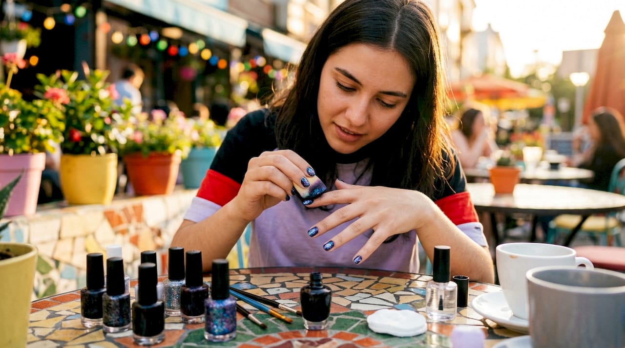 Woman applying galaxy nail art at home