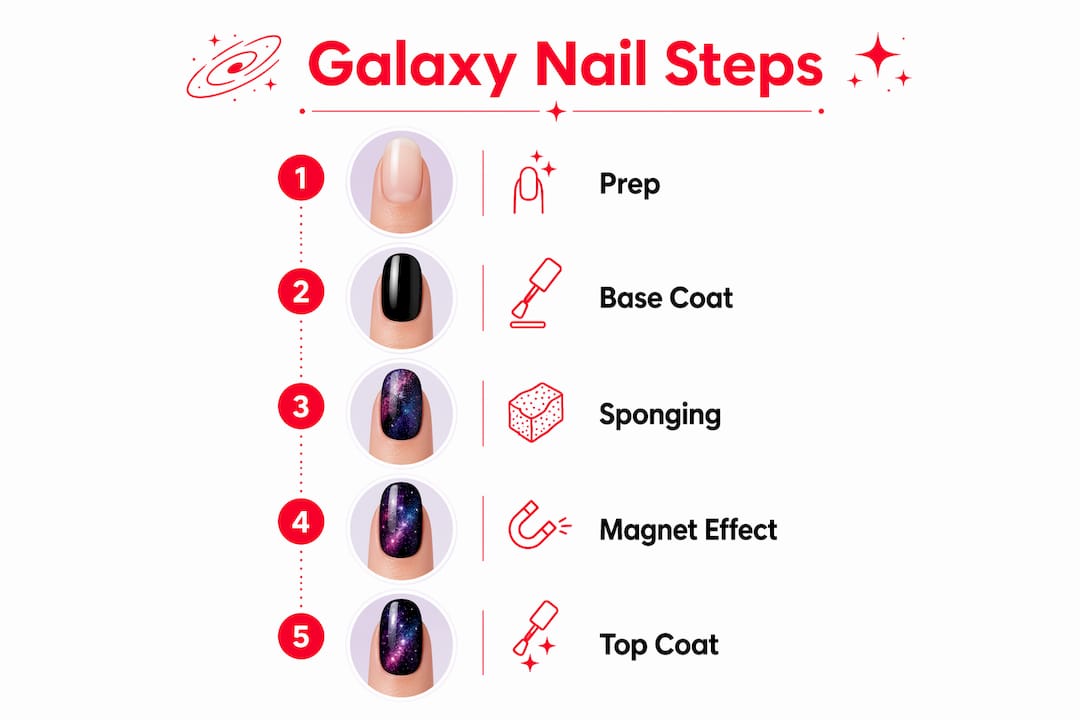 Infographic detailing galaxy nail art step-by-step process