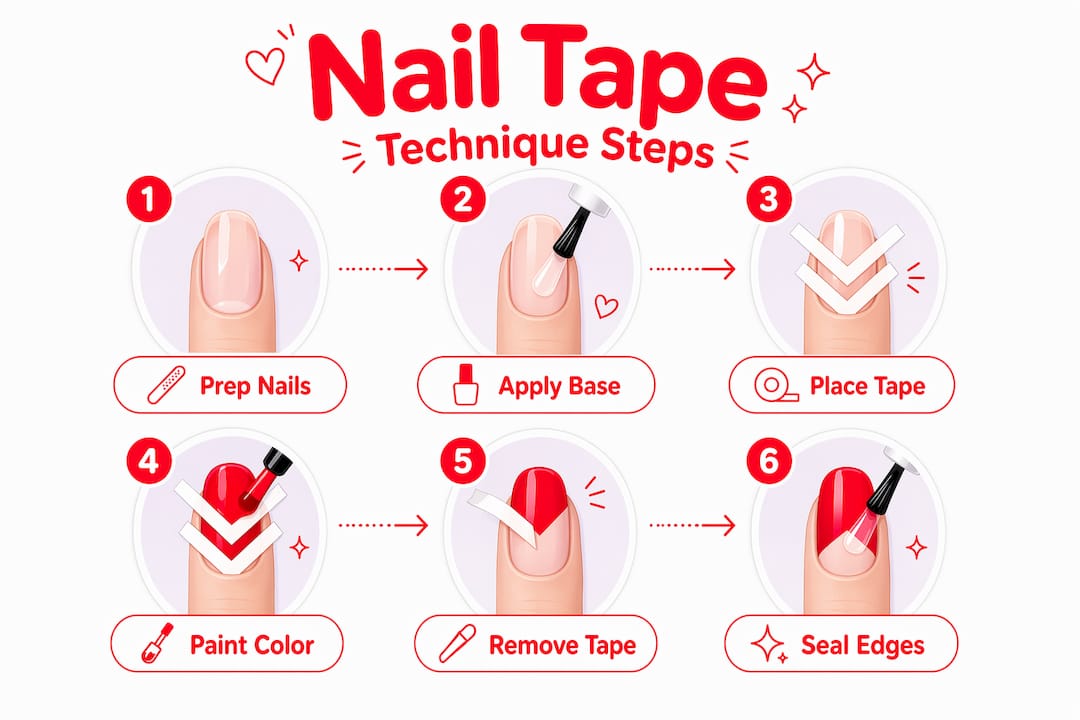 Infographic illustrating nail tape art technique steps