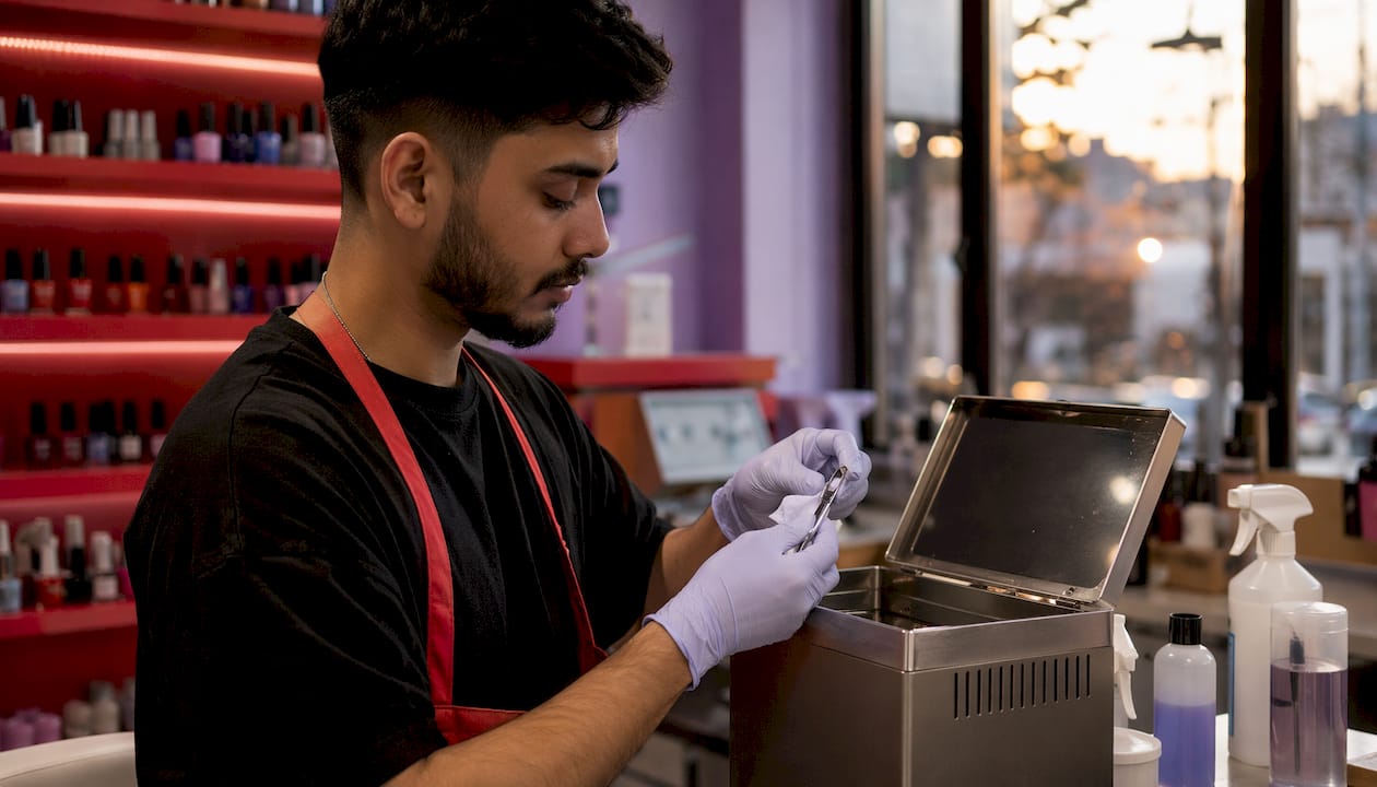 Nail technician sterilizing manicure tools