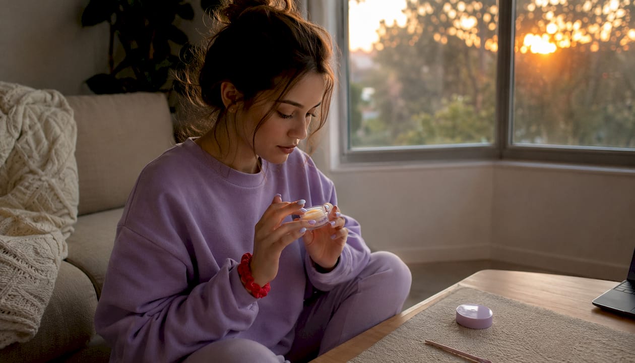 Woman moisturizing nails after gel manicure