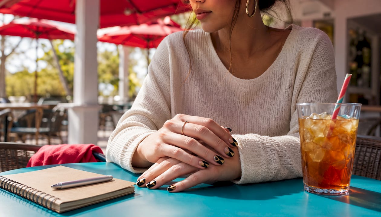 Hands with black and gold triangular nail art at café
