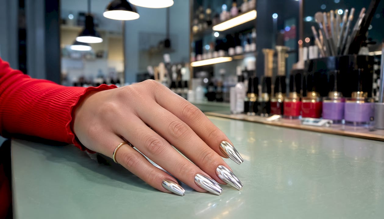 Close-up of chrome coffin-shaped nails on hand