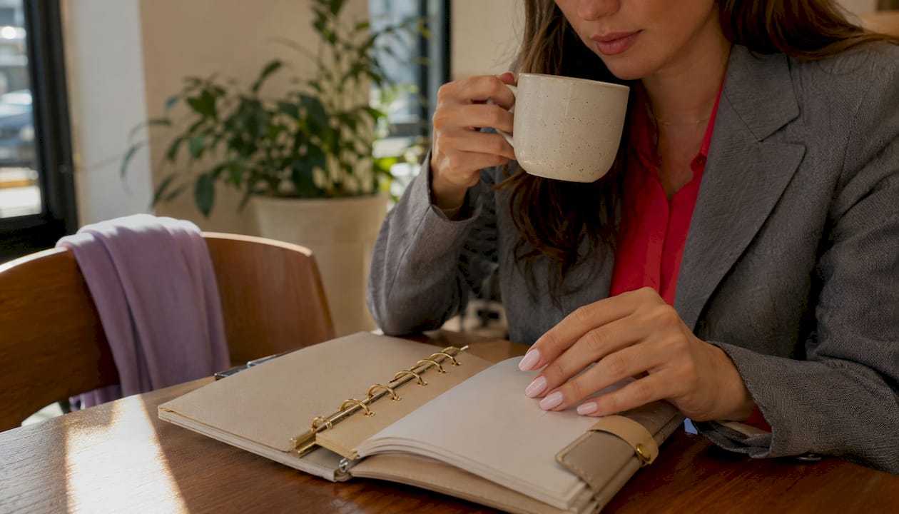 Woman showing oval-shaped nude nails at office desk