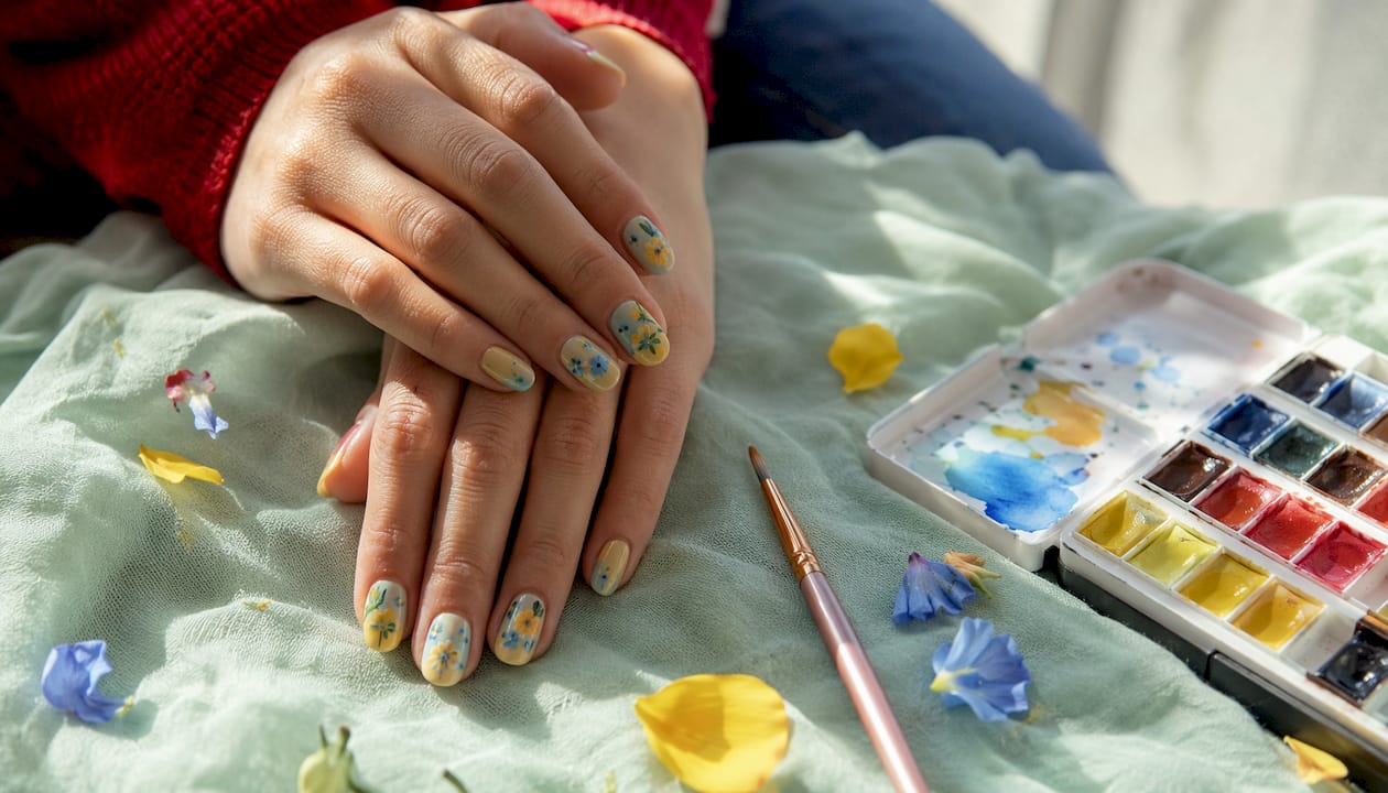 Soft pastel floral watercolor nail design