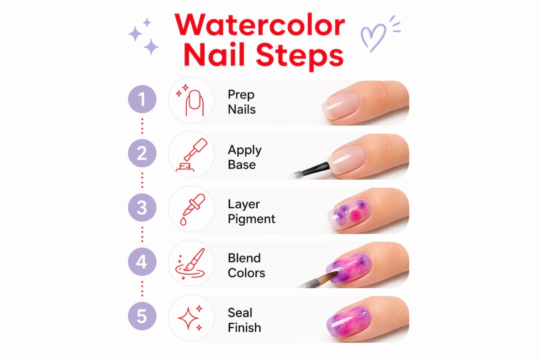 Infographic showing watercolor nail design steps