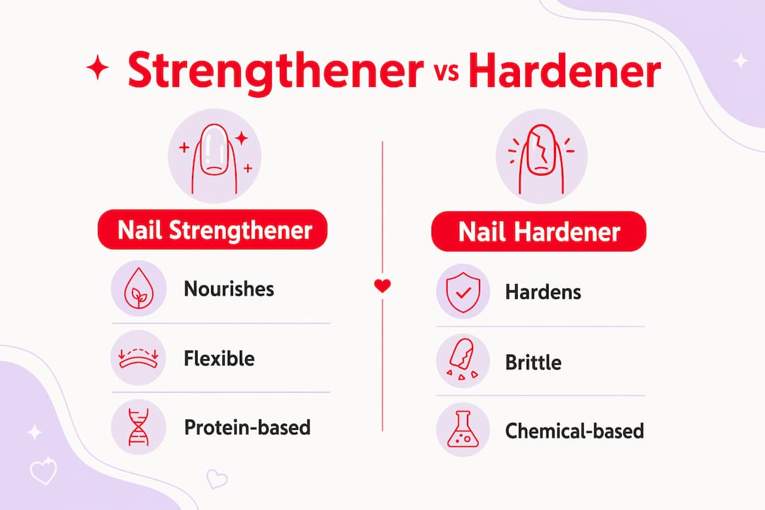 Infographic contrasting nail strengtheners and hardeners