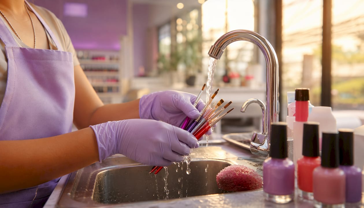 Hands wearing gloves washing dishes protecting nails