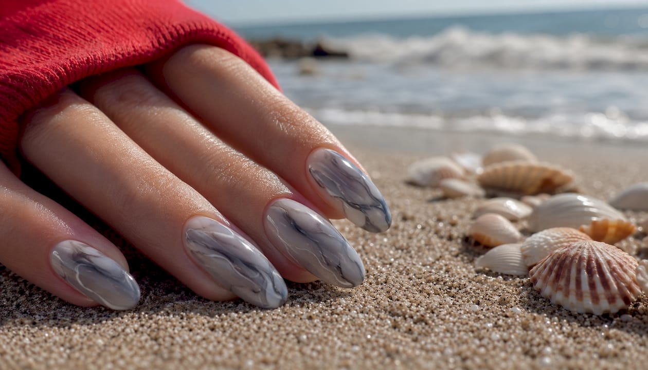 Close-up of almond and rounded marble nails