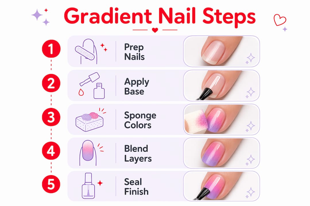 Infographic showing steps for gradient nail design