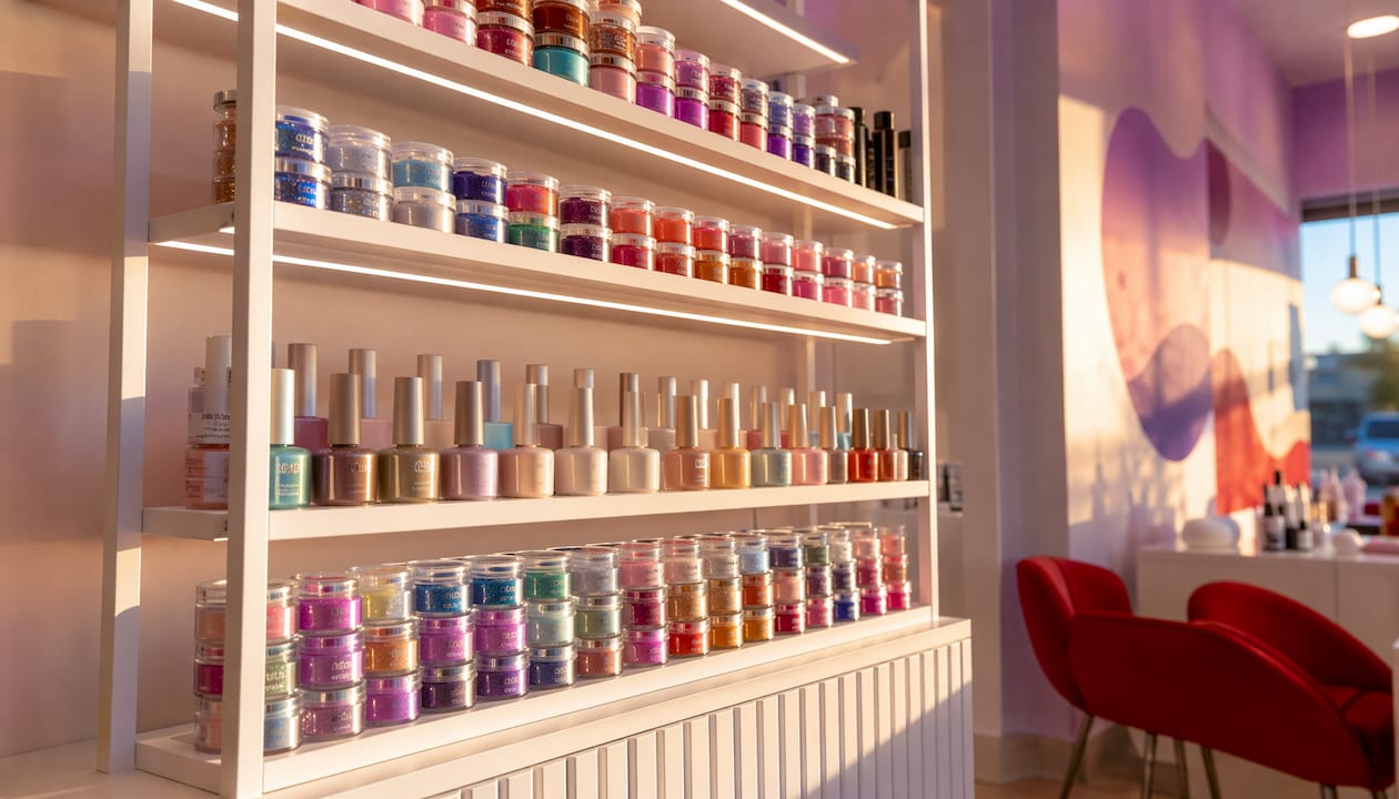 Nail enhancement products on display shelf