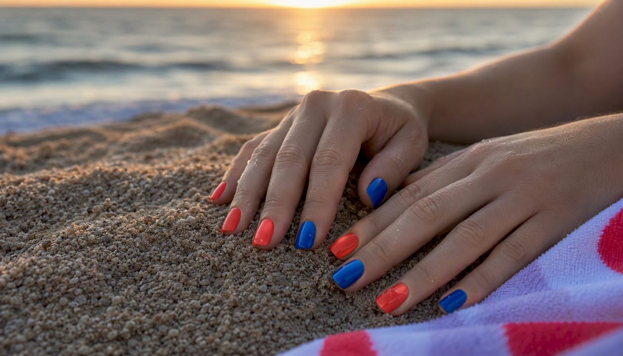 Bright coral and blue summer nail colors