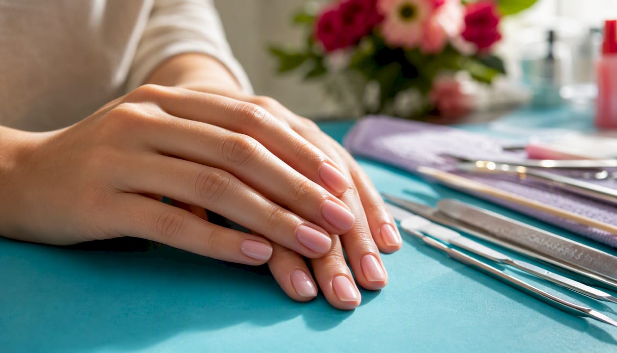 Close-up of healthy manicured hands on towel
