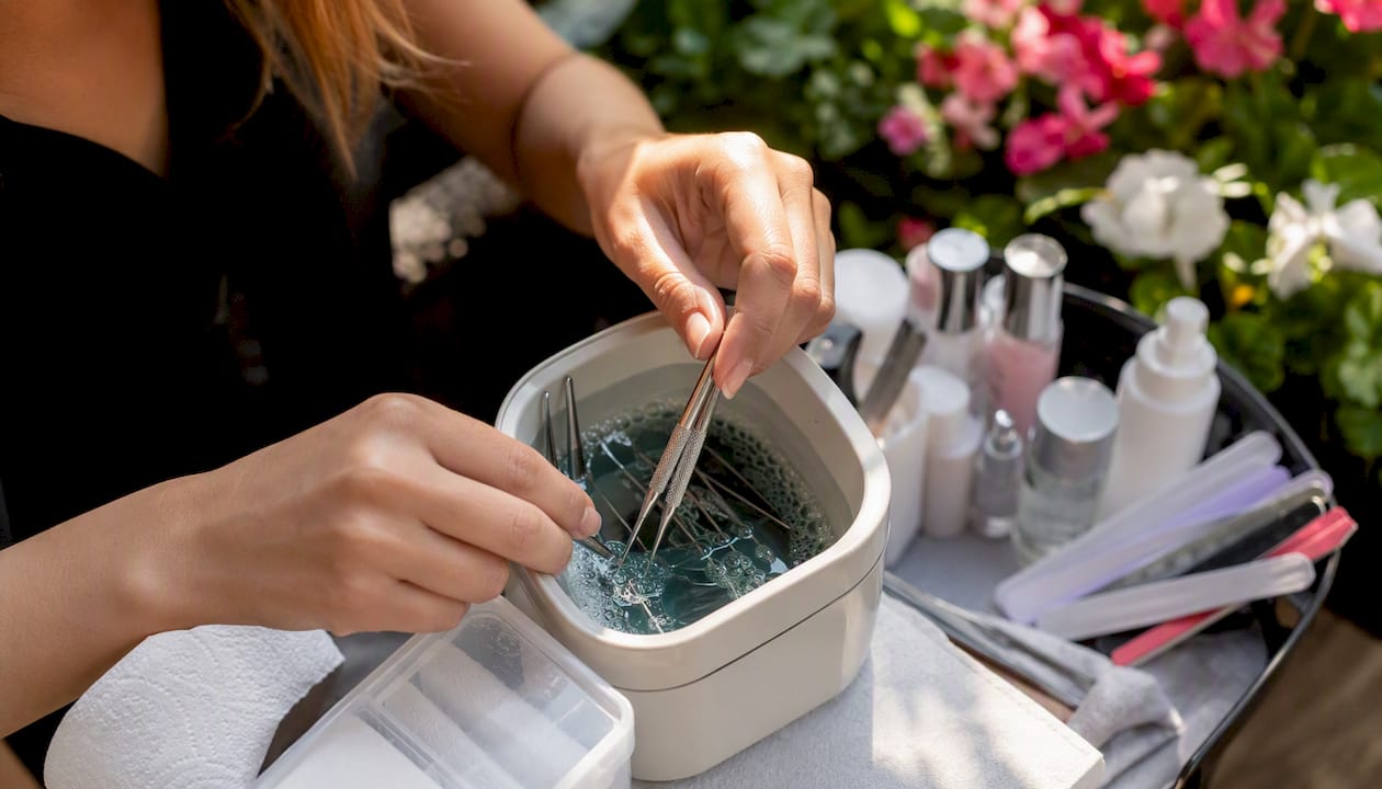 Nail technician disinfecting manicure tools