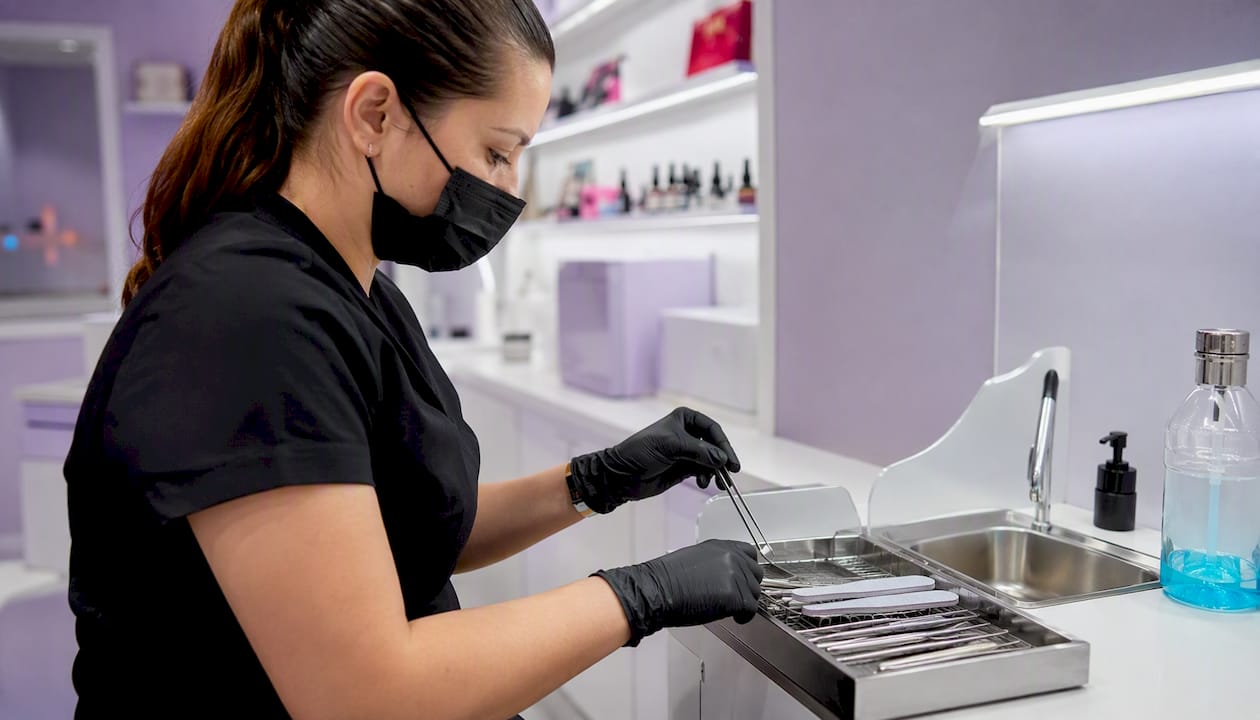 Hands sterilizing nail tools in salon