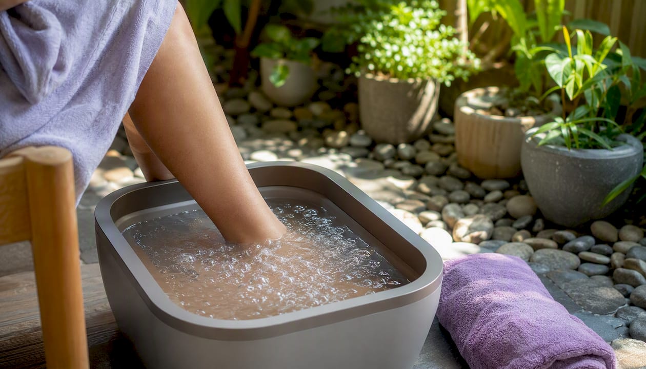 Foot entering warm water soak in spa setting