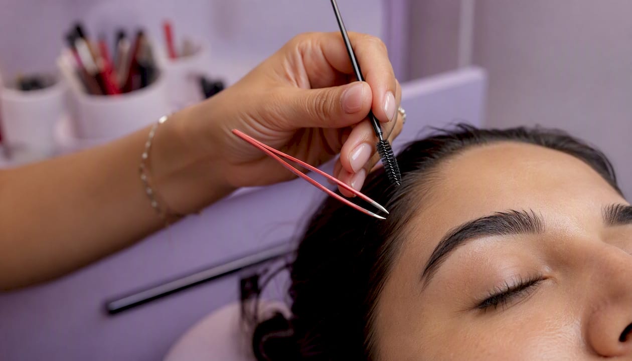 Close-up hand grooming natural eyebrow with brush and tweezers