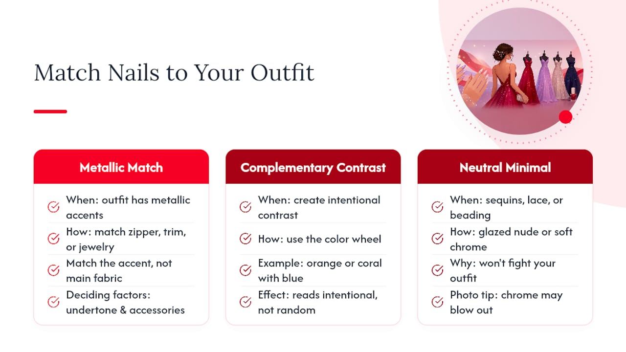 Diagram of three nail matching methods for prom outfits