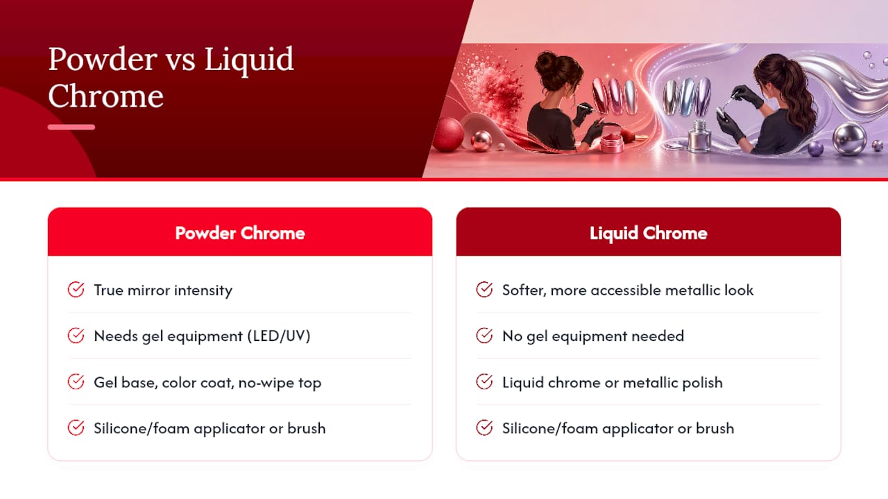 Diagram of chrome nail tools and powder vs liquid comparison