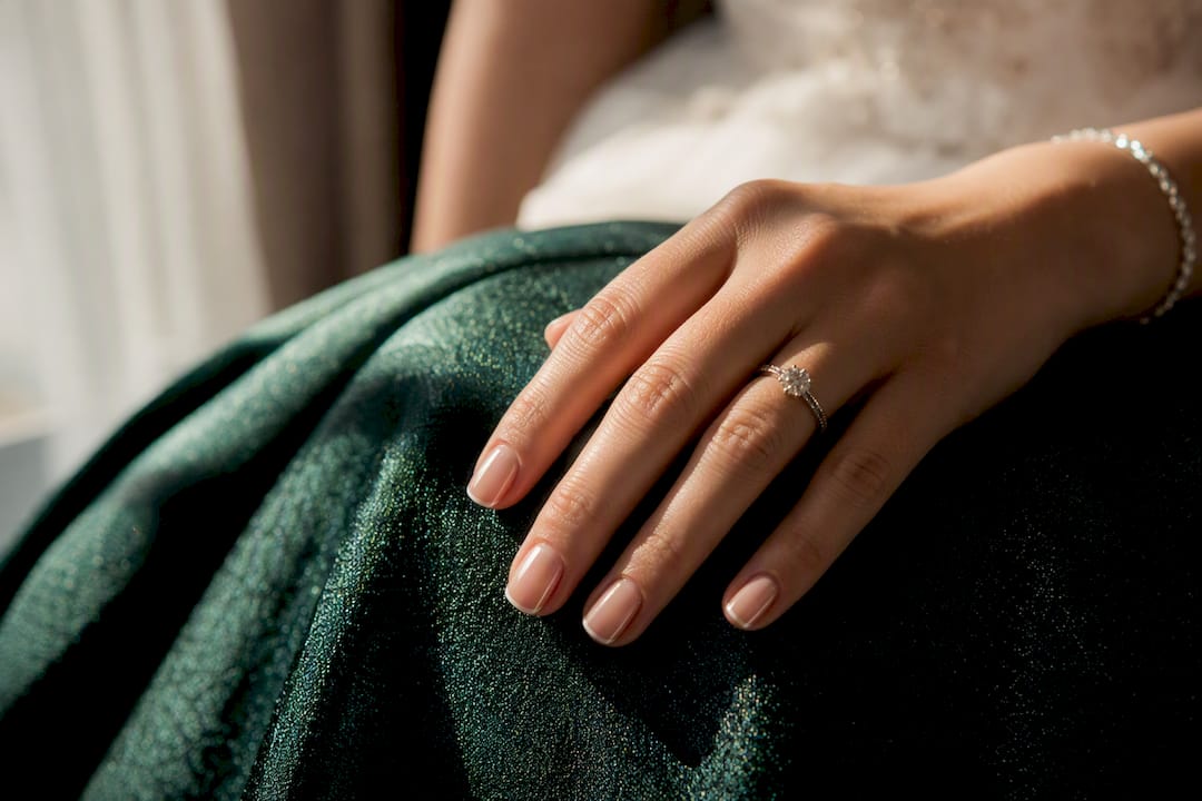 Bridal hand with subtle micro French tip manicure