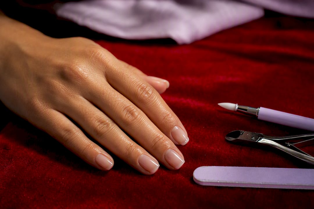 Close-up of strong natural nails with builder gel