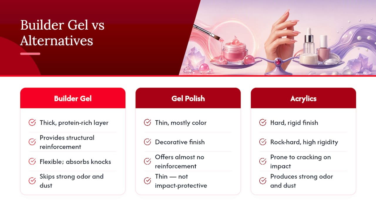 Comparison diagram of builder gel, gel polish, and acrylics