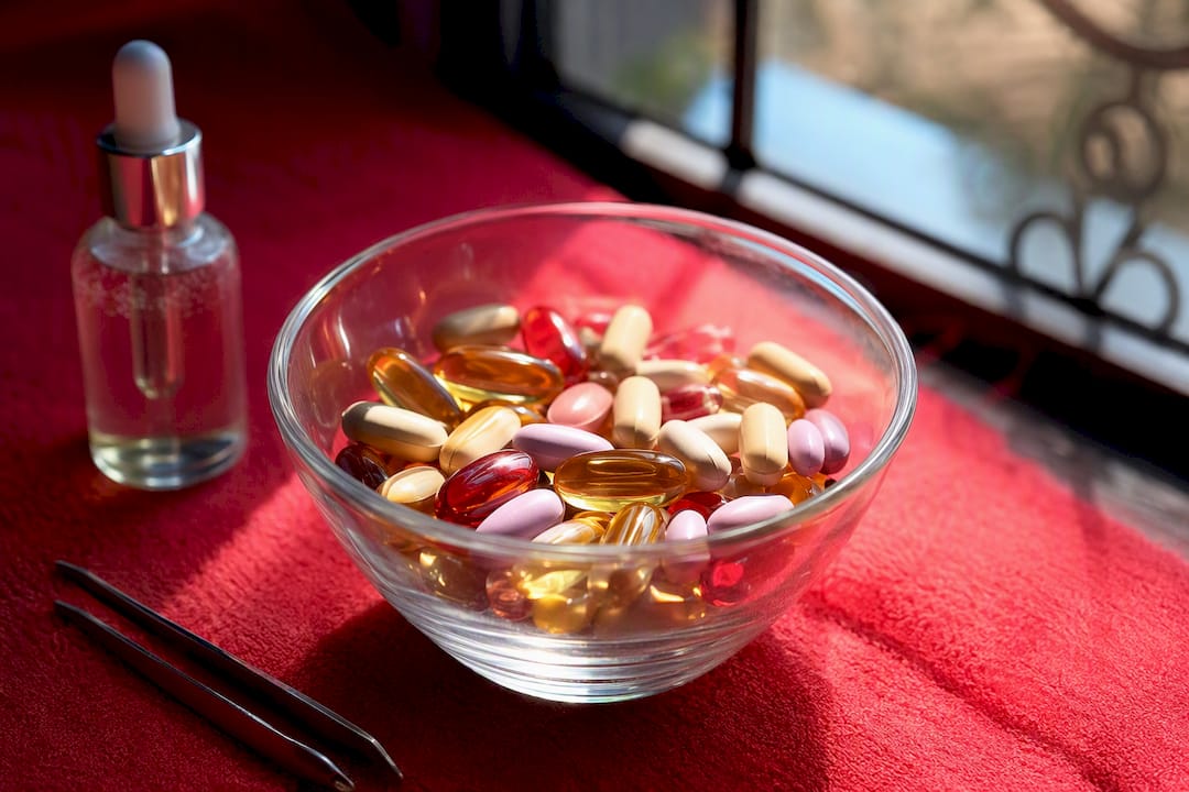 Glass bowl of biotin capsules and nail supplements