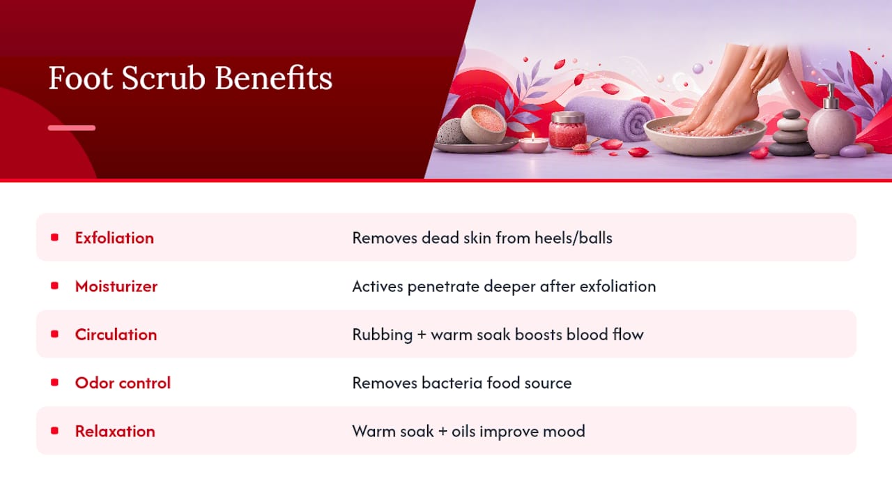 Diagram summarizing five foot scrub benefits